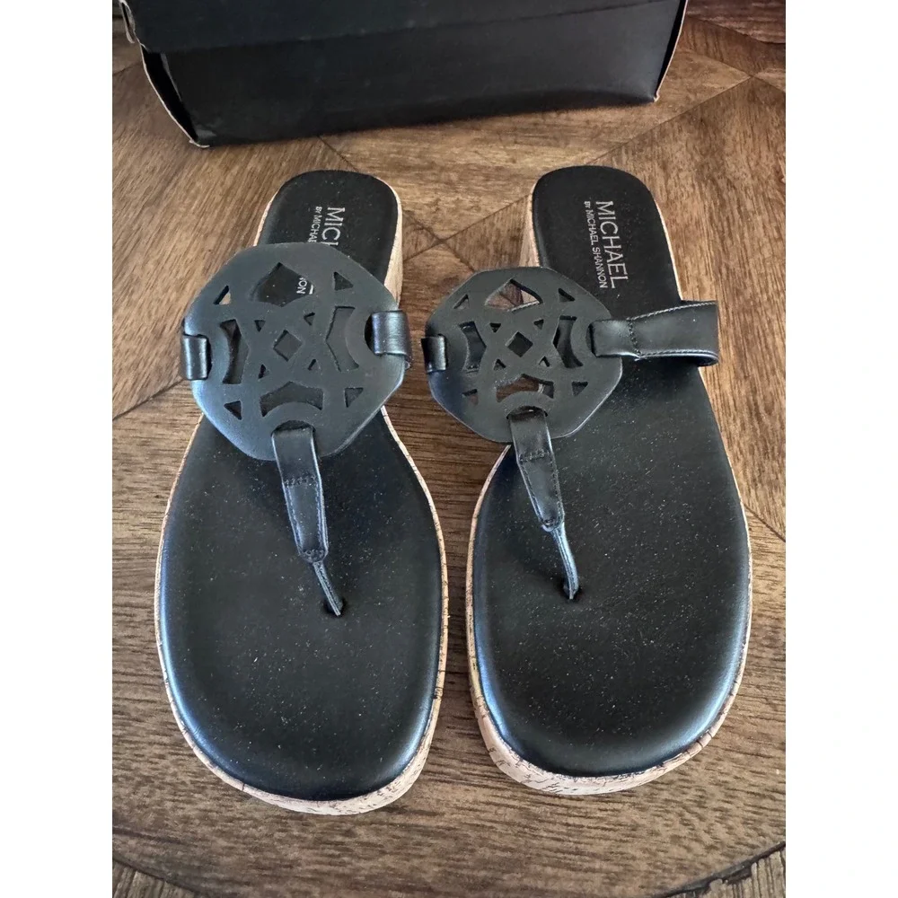 Michael by Michael Shannon Presley Black Cork Wedge Thong Sandals Womens 8 20700
